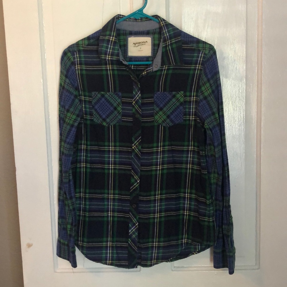 Arizona Jeans Navy and Green Plaid Flannel
